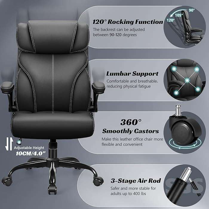 HeroSet Office Chair, Ergonomic Big and Tall Computer Desk Chairs, Executive Breathable Leather Chair with Adjustable Flip-up Armrests, Lumbar Support Swivel PC Chair with Rocking Function,Matte Black - Image 4