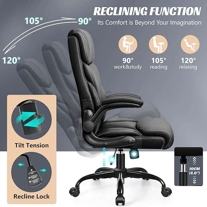 HeroSet Office Chair, Ergonomic Big and Tall Computer Desk Chairs, Executive Breathable Leather Chair with Adjustable Flip-up Armrests, Lumbar Support Swivel PC Chair with Rocking Function,Matte Black - Image 6