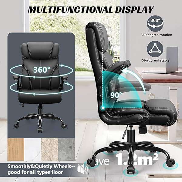 HeroSet Office Chair, Ergonomic Big and Tall Computer Desk Chairs, Executive Breathable Leather Chair with Adjustable Flip-up Armrests, Lumbar Support Swivel PC Chair with Rocking Function,Matte Black - Image 7
