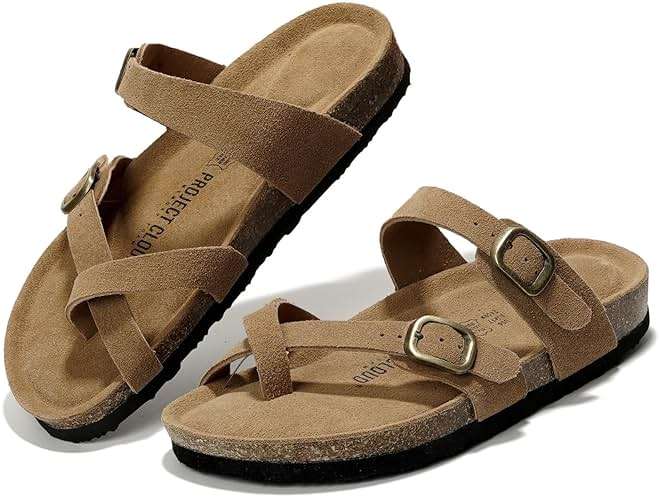Project Cloud 100% Genuine Leather Womens Sandals -Lightweight Womens Slides Memory Foam Insole & Cork Footbed Sandals Women - Non-Slip Beach Essentials Summer Sandals for Women 2026 (Lian) - Image 1