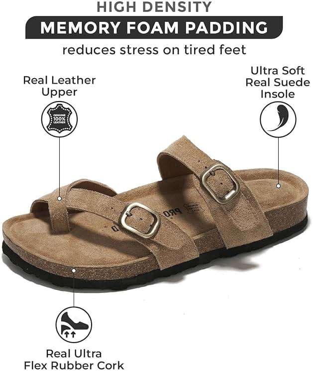 Project Cloud 100% Genuine Leather Womens Sandals -Lightweight Womens Slides Memory Foam Insole & Cork Footbed Sandals Women - Non-Slip Beach Essentials Summer Sandals for Women 2026 (Lian) - Image 2