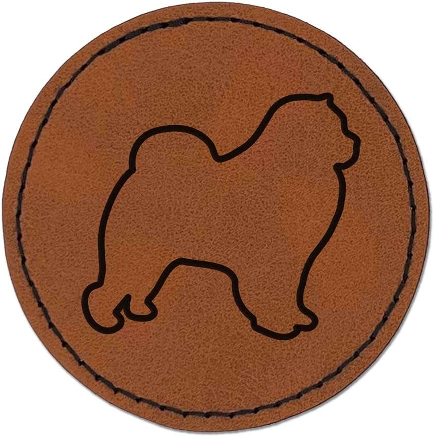 Chow Chow Dog Outline Round Iron-On Engraved Faux Leather Patch Applique - 2.5 Inch - Brown - Image 1