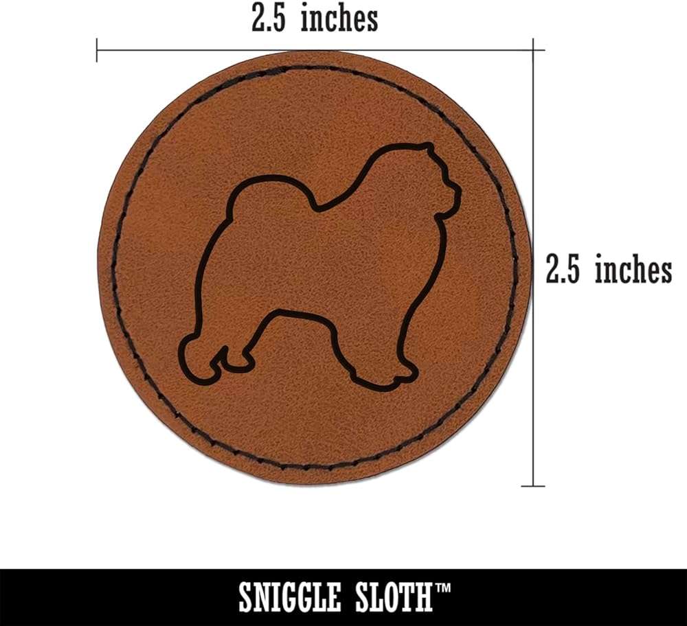 Chow Chow Dog Outline Round Iron-On Engraved Faux Leather Patch Applique - 2.5 Inch - Brown - Image 2