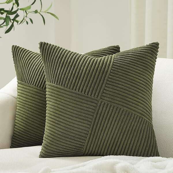 Topfinel Olive Green Decorative Throw Pillow Covers Set of 2 18x18 Inches for Couch Bed Sofa, Boho Aesthetic Home Decor, Soft Corduroy Striped Patchwork Windmill Textured Cushion Cases 45x45 cm - Image 1
