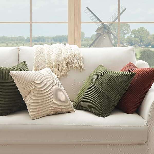 Topfinel Olive Green Decorative Throw Pillow Covers Set of 2 18x18 Inches for Couch Bed Sofa, Boho Aesthetic Home Decor, Soft Corduroy Striped Patchwork Windmill Textured Cushion Cases 45x45 cm - Image 2