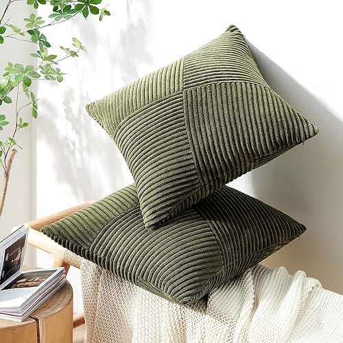 Topfinel Olive Green Decorative Throw Pillow Covers Set of 2 18x18 Inches for Couch Bed Sofa, Boho Aesthetic Home Decor, Soft Corduroy Striped Patchwork Windmill Textured Cushion Cases 45x45 cm - Image 7