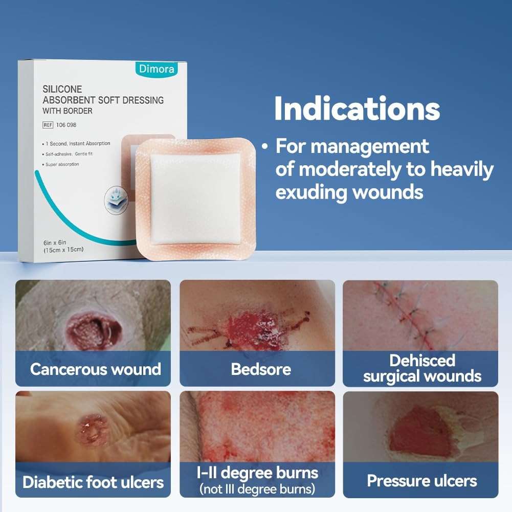 Dimora Silicone Super Absorbent Wound Dressings - Gentle Adhesive Bandages with Ultrasorb Polymer,Heavy Exudate Wound Care Pads 6"X 6" 10 Packs - Image 7