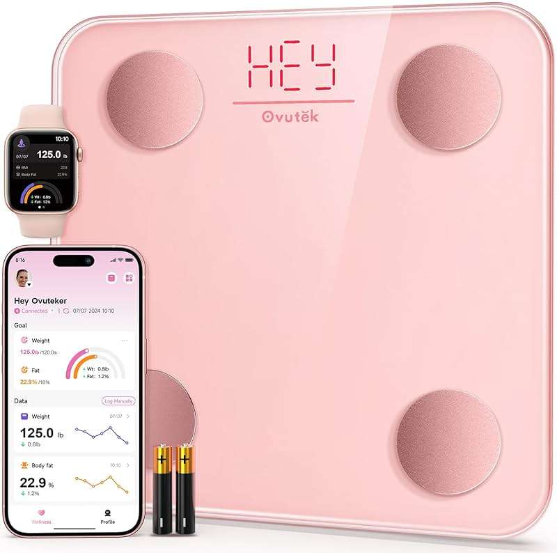 Ovutek Smart Scale for Body Weight, Digital Bathroom Scale BMI Weighing Body Fat Scale, Accurate Body Composition Scale Monitor for People's Health with Smartphone App, Compact Size, 400lb (Pink) - Image 1
