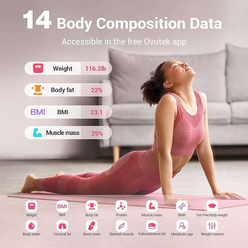 Ovutek Smart Scale for Body Weight, Digital Bathroom Scale BMI Weighing Body Fat Scale, Accurate Body Composition Scale Monitor for People's Health with Smartphone App, Compact Size, 400lb (Pink) - Image 2