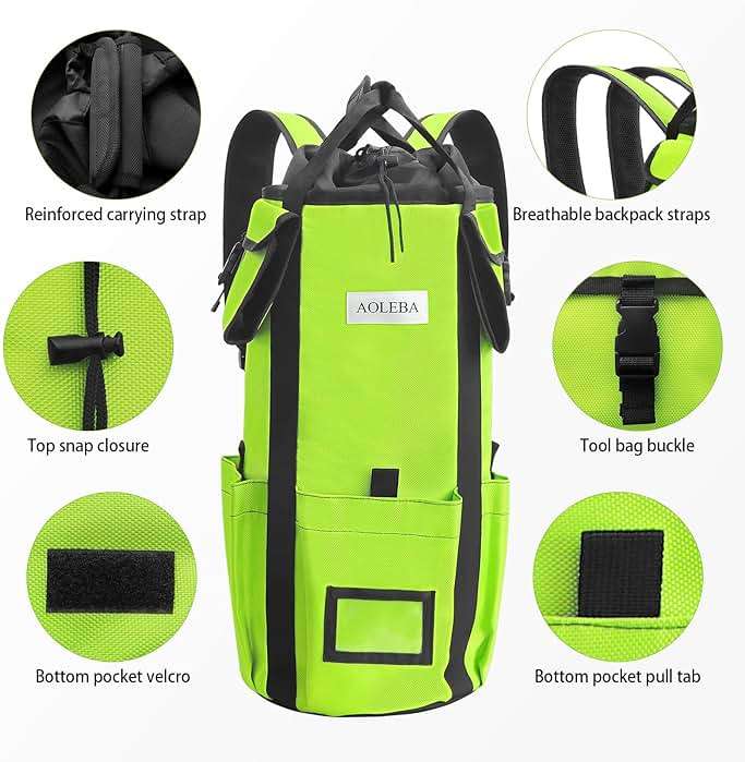 AOLEBA Arborist Rope Storage Bag Tree Climbing Rock Rope Bucket Backpack Rope Storage Bag Large Capacity 1680D Thicken Nylon Material with Hand Straps, Side Pockets - Image 5