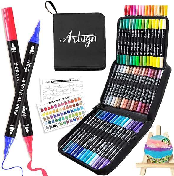 Artugn 60 Colors Acrylic Paint Pens, Dual Tip Pens With Fine Tip and Brush Tip for Rock Painting, Ceramic, Wood, Plastic, Calligraphy, Scrapbooking, Brush Lettering, Card Making, DIY Crafts - Image 1