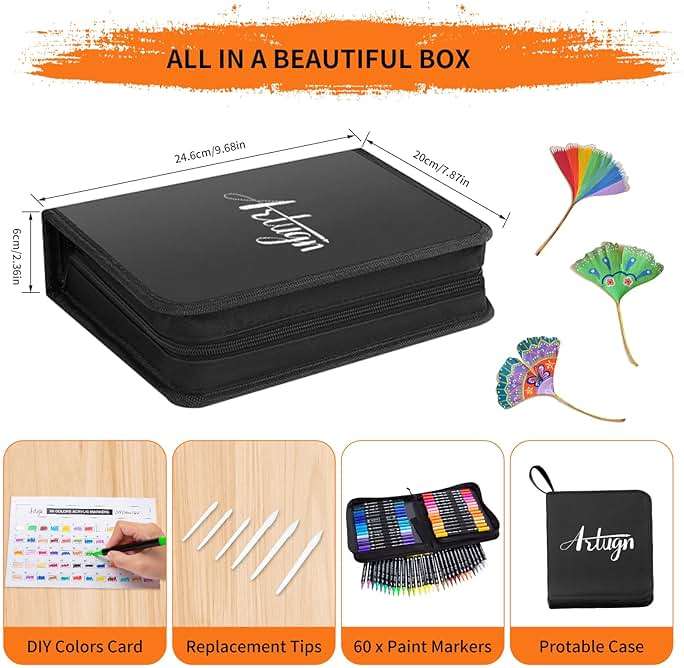Artugn 60 Colors Acrylic Paint Pens, Dual Tip Pens With Fine Tip and Brush Tip for Rock Painting, Ceramic, Wood, Plastic, Calligraphy, Scrapbooking, Brush Lettering, Card Making, DIY Crafts - Image 2
