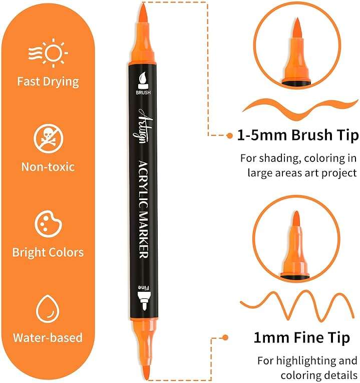 Artugn 60 Colors Acrylic Paint Pens, Dual Tip Pens With Fine Tip and Brush Tip for Rock Painting, Ceramic, Wood, Plastic, Calligraphy, Scrapbooking, Brush Lettering, Card Making, DIY Crafts - Image 3