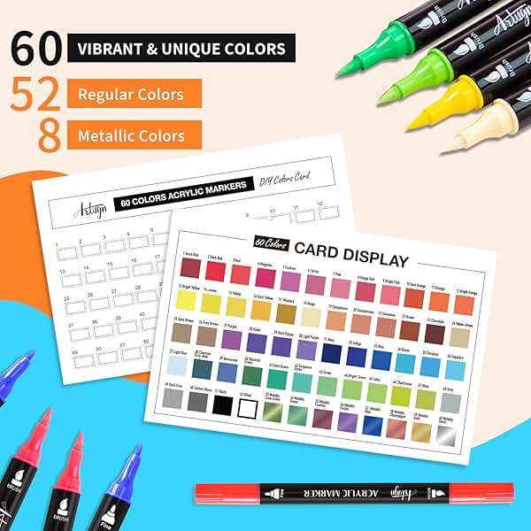 Artugn 60 Colors Acrylic Paint Pens, Dual Tip Pens With Fine Tip and Brush Tip for Rock Painting, Ceramic, Wood, Plastic, Calligraphy, Scrapbooking, Brush Lettering, Card Making, DIY Crafts - Image 4