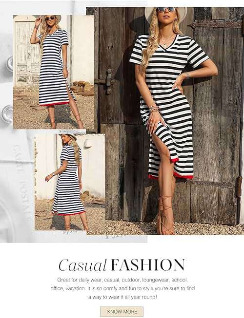 Dokotoo Womens Summer Casual Trendy 2026 Short Sleeve Maxi Dress Striped Split Vacation Color Block T Shirt Dress - Image 4