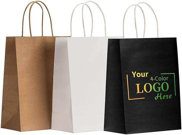 RACETOP 50 PCS Custom Paper Bags with Logo for Small Business, 8x4.5x10.8 Inch Medium Size, Personalized Gift Bags, Brown Shopping Paper bag with Handle, White Goodie Bag, Bulk - Image 1