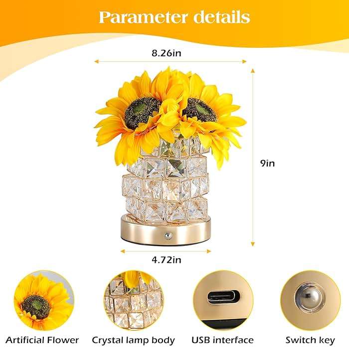 AMWGIMI Sunflowers Flower Lamp,Rechargeable Cordless Touch Table Lamp,3-Colour Infinitely Dimming Small Night Light,Festival Restaurant Bedroom Bar Coffee Shop Birthday Gifts for Women Mom - Image 4