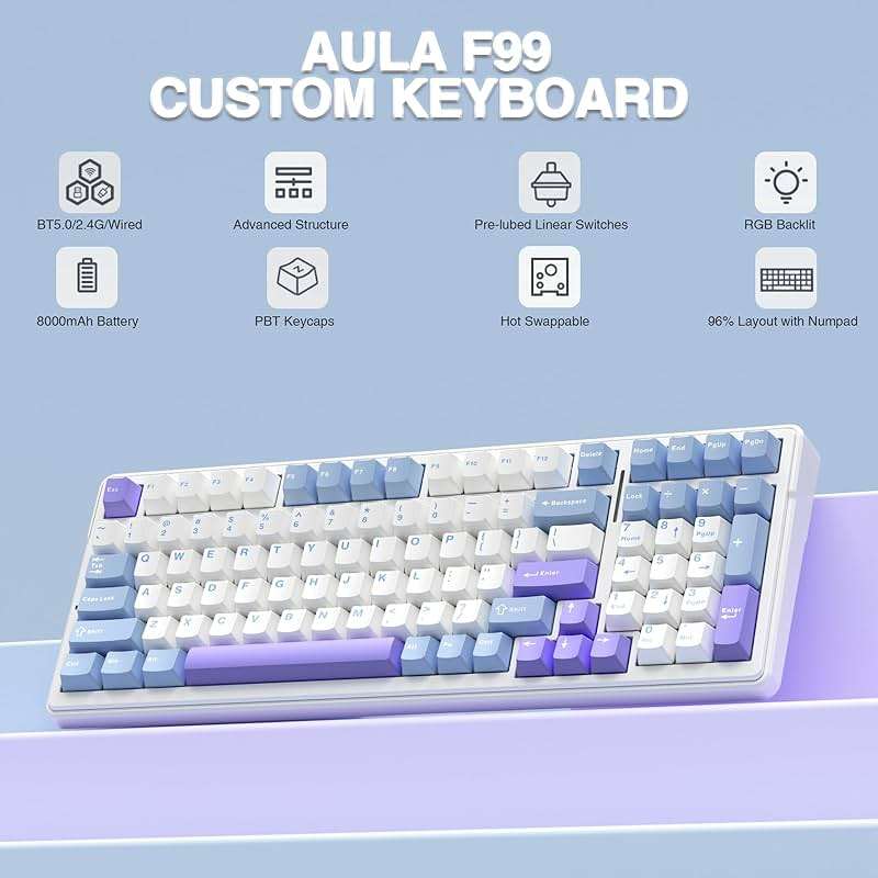 AULA F99 Wireless Mechanical Keyboard,Tri-Mode BT5.0/2.4GHz/USB-C Hot Swappable Custom Keyboard,Pre-lubed Linear Switches,Gasket Structure,RGB Backlit Gaming Keyboard for PC/Tablet/Xbox/PS4/PS5 - Image 2