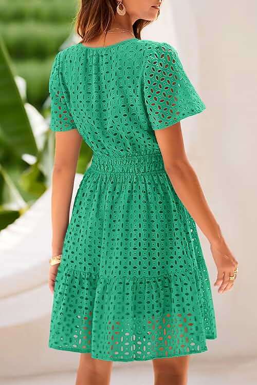 PRETTYGARDEN Womens 2026 Summer Short Dress V Neck Short Sleeve A Line Hollow Out Lace Cute Casual Beach Party Spring Dresses - Image 2