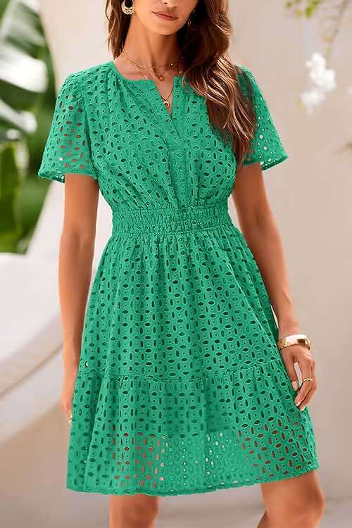 PRETTYGARDEN Womens 2026 Summer Short Dress V Neck Short Sleeve A Line Hollow Out Lace Cute Casual Beach Party Spring Dresses - Image 4
