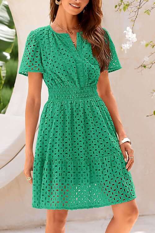 PRETTYGARDEN Womens 2026 Summer Short Dress V Neck Short Sleeve A Line Hollow Out Lace Cute Casual Beach Party Spring Dresses - Image 5