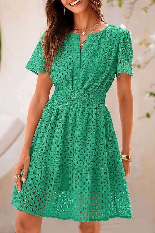 PRETTYGARDEN Womens 2026 Summer Short Dress V Neck Short Sleeve A Line Hollow Out Lace Cute Casual Beach Party Spring Dresses - Image 6