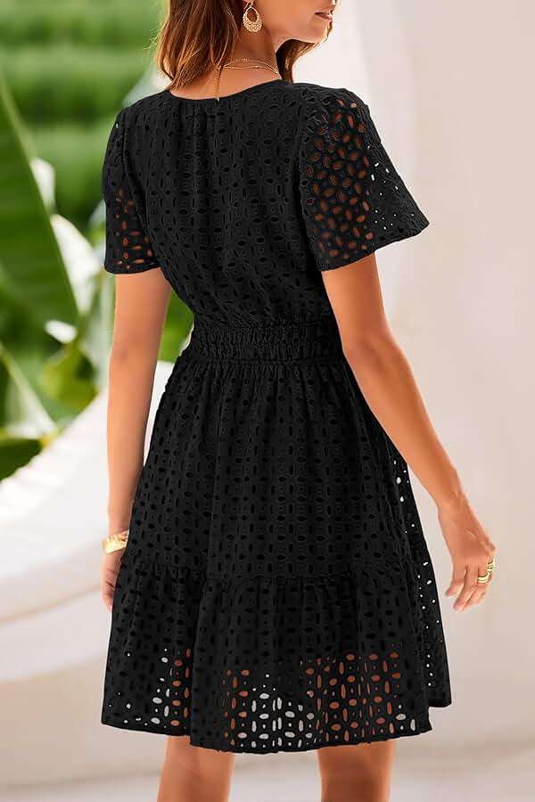 PRETTYGARDEN Womens 2026 Summer Short Dress V Neck Short Sleeve A Line Hollow Out Lace Cute Casual Beach Party Spring Dresses - Image 2