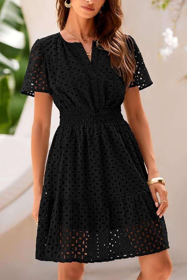 PRETTYGARDEN Womens 2026 Summer Short Dress V Neck Short Sleeve A Line Hollow Out Lace Cute Casual Beach Party Spring Dresses - Image 4