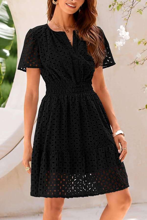 PRETTYGARDEN Womens 2026 Summer Short Dress V Neck Short Sleeve A Line Hollow Out Lace Cute Casual Beach Party Spring Dresses - Image 5