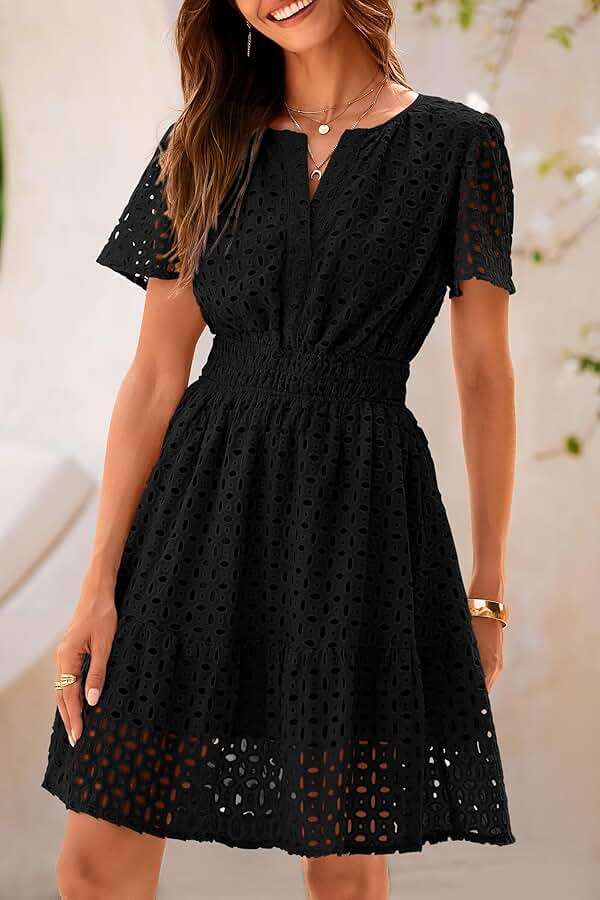 PRETTYGARDEN Womens 2026 Summer Short Dress V Neck Short Sleeve A Line Hollow Out Lace Cute Casual Beach Party Spring Dresses - Image 6