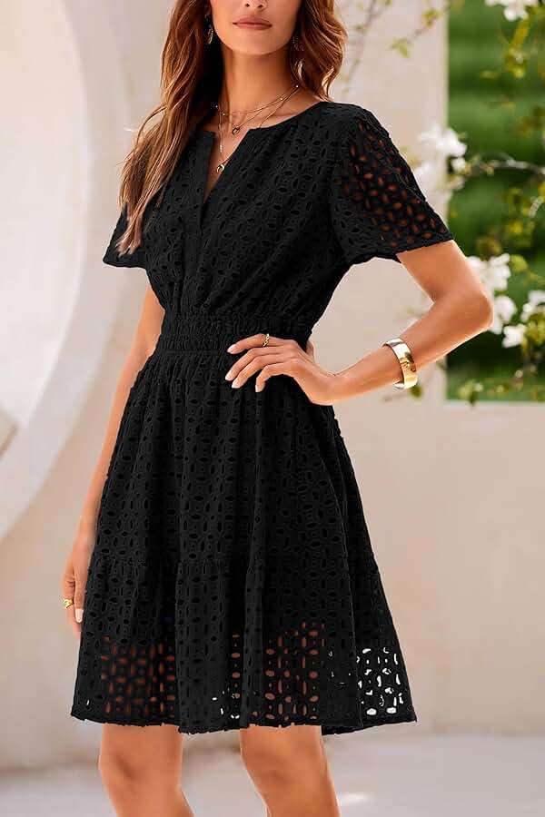 PRETTYGARDEN Womens 2026 Summer Short Dress V Neck Short Sleeve A Line Hollow Out Lace Cute Casual Beach Party Spring Dresses - Image 7