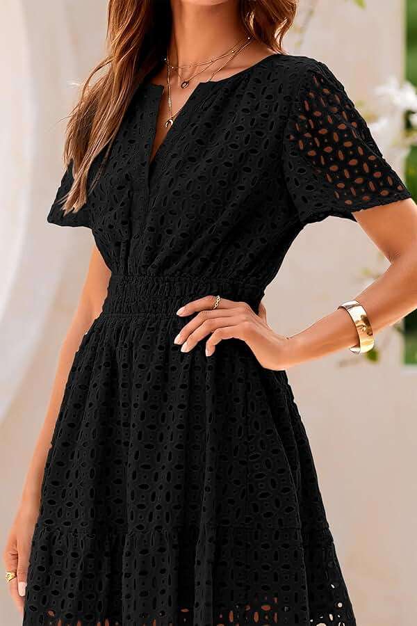 PRETTYGARDEN Womens 2026 Summer Short Dress V Neck Short Sleeve A Line Hollow Out Lace Cute Casual Beach Party Spring Dresses - Image 8
