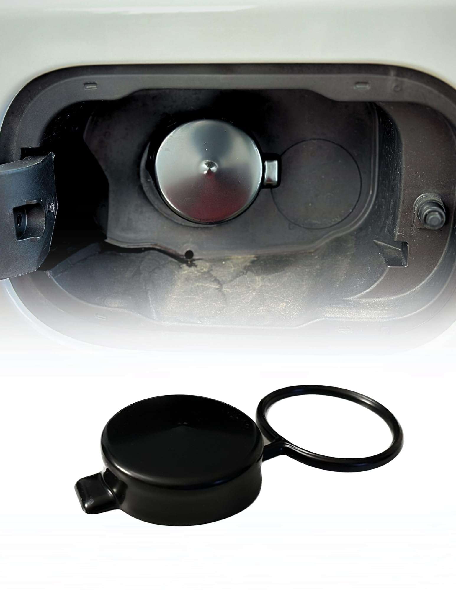 Cap & Shield Tethered 2.375inch ID, Capless Gas Cap Dirt, Water & Dust Cover and Fuel Funnel Bundle Compatible With GMC, Chevrolet, Buick & Cadillac - Image 1