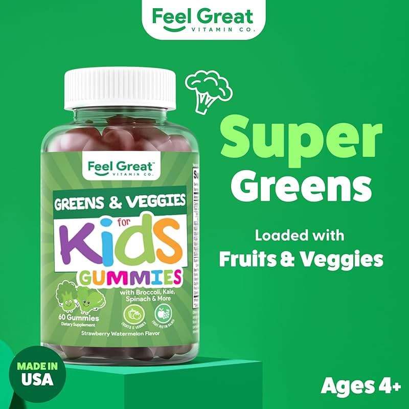 Feel Great Super Green Gummies for Kids | Fruit and Vegetable Gummies | Vegan Veggie Gummy Multivitamin for Kids | Veggie Fiber Supplement | 60 Count - Image 2