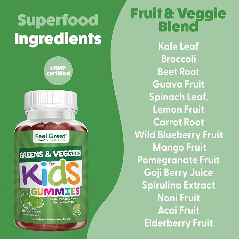 Feel Great Super Green Gummies for Kids | Fruit and Vegetable Gummies | Vegan Veggie Gummy Multivitamin for Kids | Veggie Fiber Supplement | 60 Count - Image 3