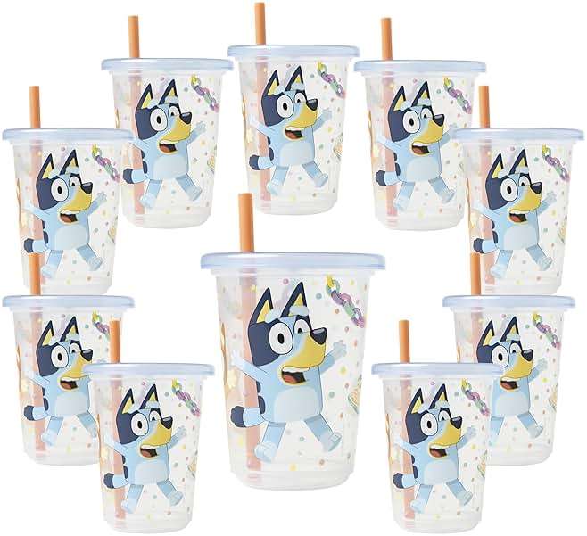 The First Years Bluey Take & Toss Toddler Straw Cups - Spill Proof Toddler Sippy Cups with Snap On Lids and Straws - Bluey Gifts and Bluey Party Supplies - 10 Oz - 10 Count - Image 1