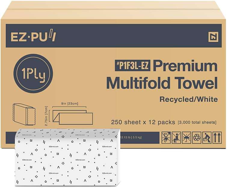 EZ-Pull Premium 1ply MULTIFOLD Paper Towels, FSC certified Recycled/White, 250 Sheets x 12 pk, P1F3L-EZ - Image 1