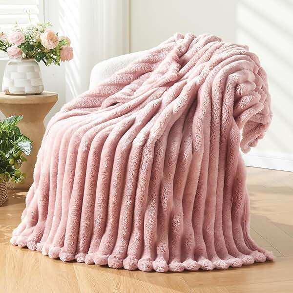 NEWCOSPLAY Super Soft Throw Blanket Pink Premium Silky Flannel Fleece 3D Ribbed Jacquard Lightweight Bed Blanket All Season Use (Pink Ribbed, Throw(50"x60")) - Image 1