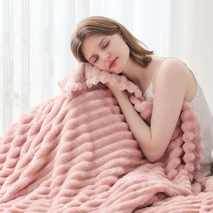 NEWCOSPLAY Super Soft Throw Blanket Pink Premium Silky Flannel Fleece 3D Ribbed Jacquard Lightweight Bed Blanket All Season Use (Pink Ribbed, Throw(50"x60")) - Image 4