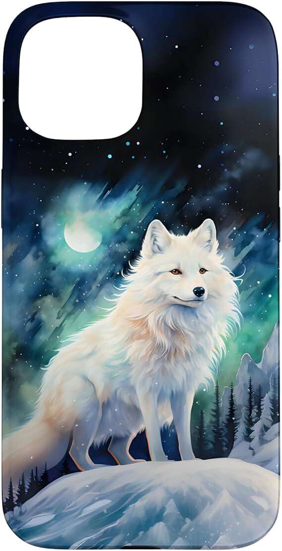 Arctic Fox Aurora Under a Moon and Starry Sky Watercolor Case for iPhone 15 - Image 1