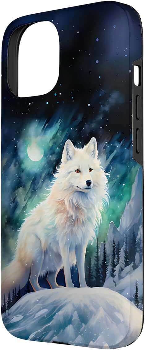 Arctic Fox Aurora Under a Moon and Starry Sky Watercolor Case for iPhone 15 - Image 2