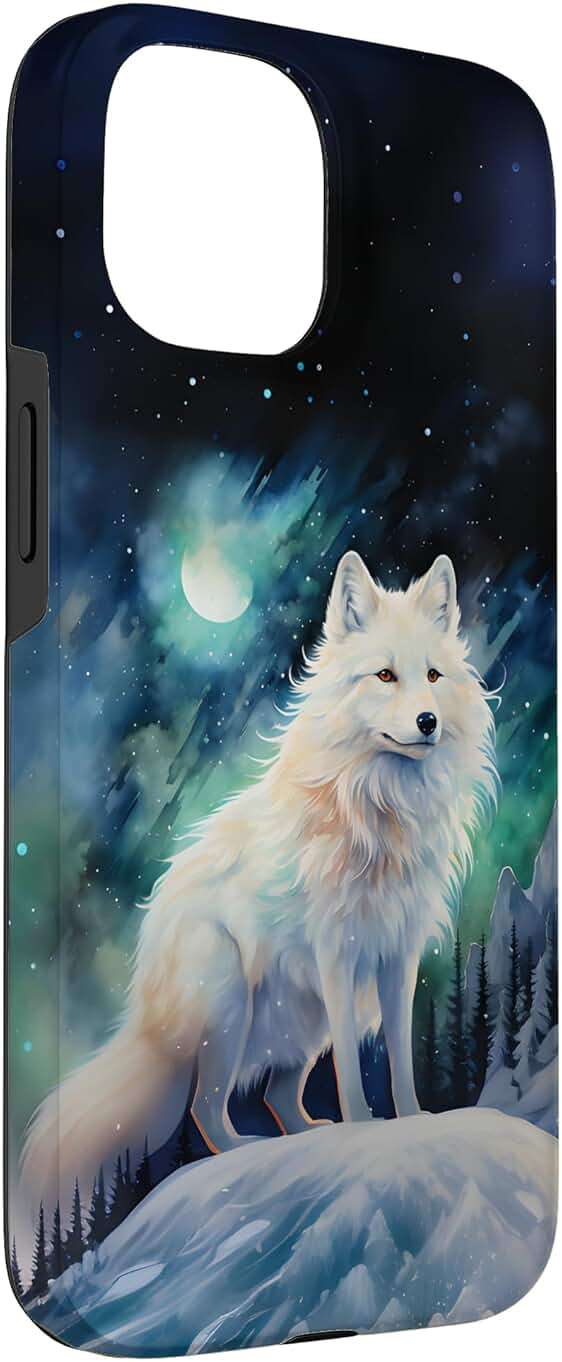 Arctic Fox Aurora Under a Moon and Starry Sky Watercolor Case for iPhone 15 - Image 3