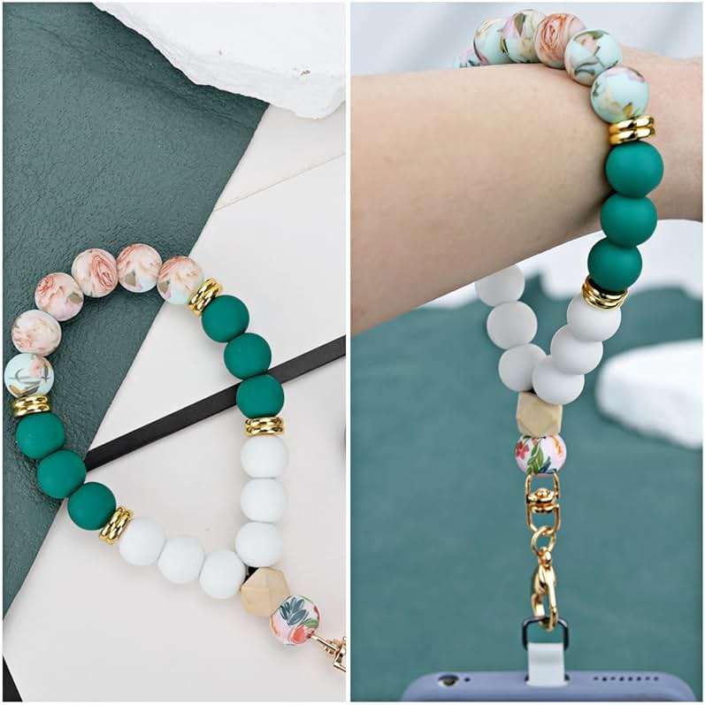 VICHUNHO Marble Silicone Beaded Phone Wrist Strap, Cellphone Lanyard with Tether Tab, Elastic Hands-Free Wristlet Bracelet - Image 2