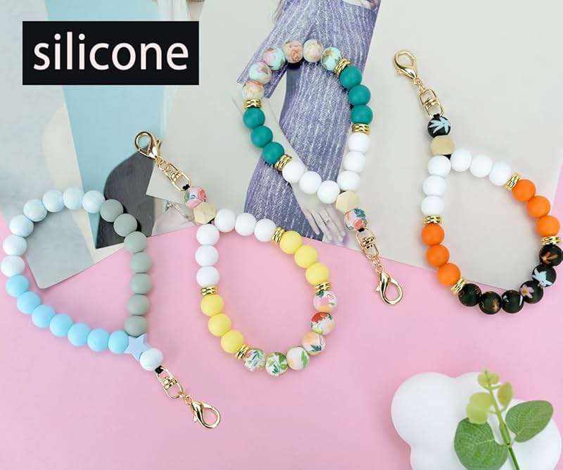 VICHUNHO Marble Silicone Beaded Phone Wrist Strap, Cellphone Lanyard with Tether Tab, Elastic Hands-Free Wristlet Bracelet - Image 3