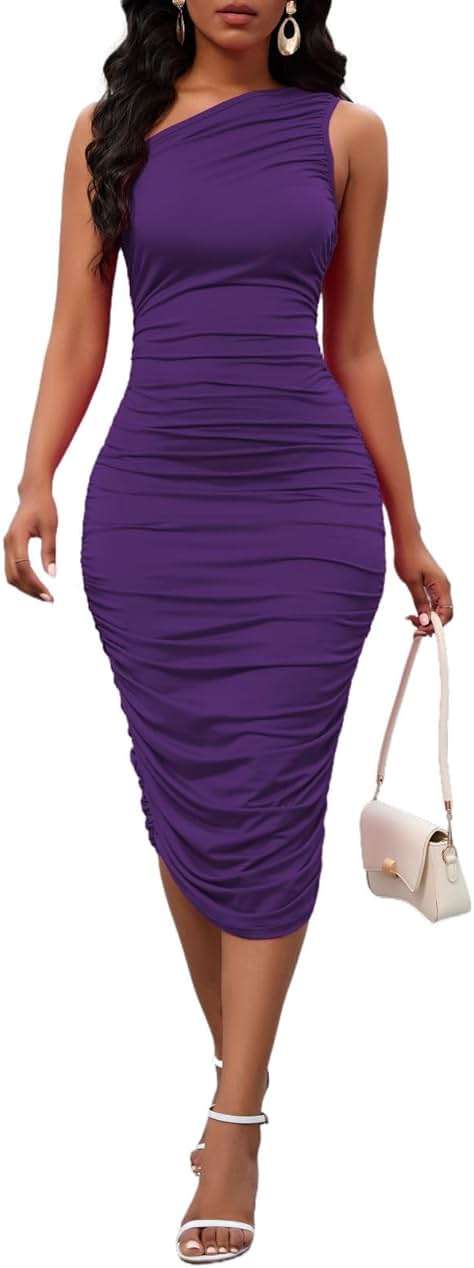 Womens One Shoulder Dress Sexy Ruched Bodycon Midi Party Dress Sleeveless Cocktail Wedding Guest Club Night Outfit - Image 1
