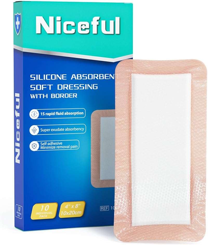 Niceful Silicone Super Absorbent Wound Dressing - 4"×8" Large Absorbant Bandages with Adhesive Borders, FSA HSA Eligible, Wound Care Dressings for Bed Sores Leg Ulcers - Image 1