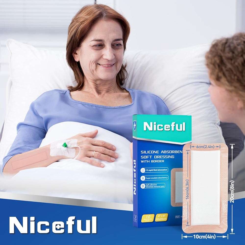 Niceful Silicone Super Absorbent Wound Dressing - 4"×8" Large Absorbant Bandages with Adhesive Borders, FSA HSA Eligible, Wound Care Dressings for Bed Sores Leg Ulcers - Image 2
