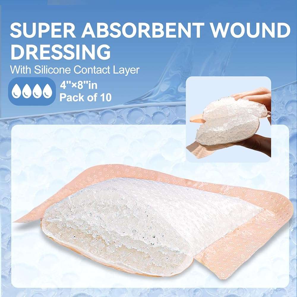 Niceful Silicone Super Absorbent Wound Dressing - 4"×8" Large Absorbant Bandages with Adhesive Borders, FSA HSA Eligible, Wound Care Dressings for Bed Sores Leg Ulcers - Image 4