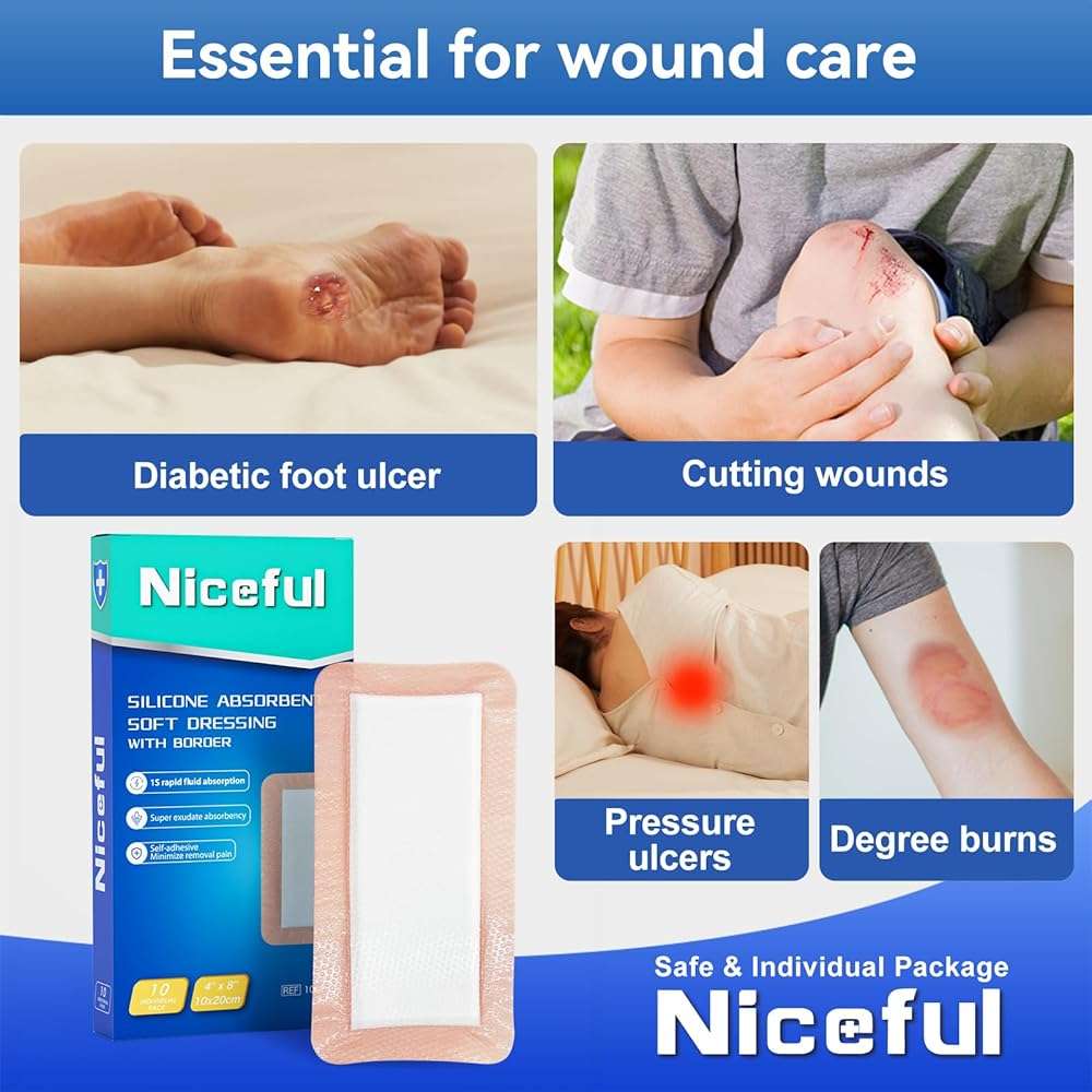 Niceful Silicone Super Absorbent Wound Dressing - 4"×8" Large Absorbant Bandages with Adhesive Borders, FSA HSA Eligible, Wound Care Dressings for Bed Sores Leg Ulcers - Image 6
