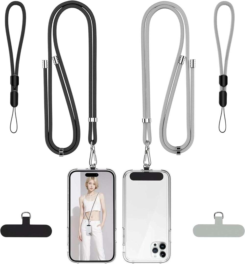 takyu Phone Lanyard, 2 Pack Adjustable Cell Phone Lanyard Crossbody Neck Strap & 2 Pack Phone Wrist Strap with 2 Pcs Tether Tabs Compatible for iPhone Android Smartphones-Black Grey - Image 1